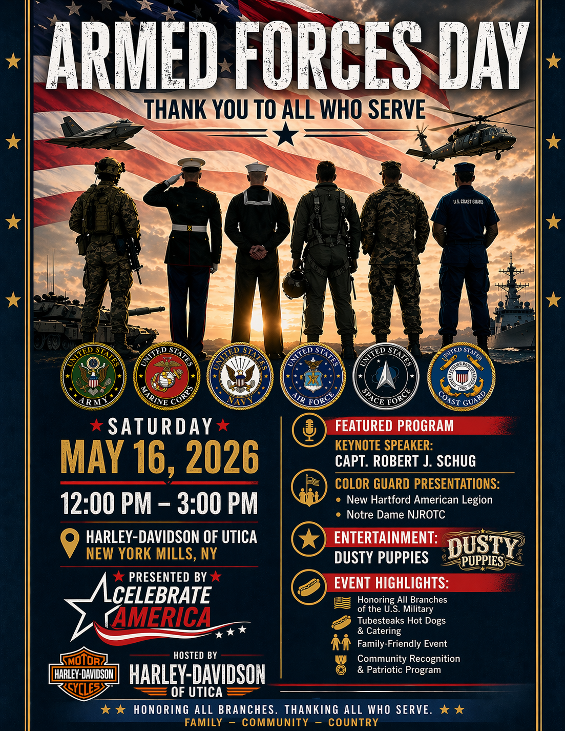 Armed Forces Day flyer for Saturday 16 May from 12 to 3 PM